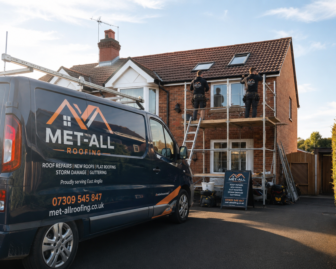 Met-All Roofing branded van and team working on a UK home roof