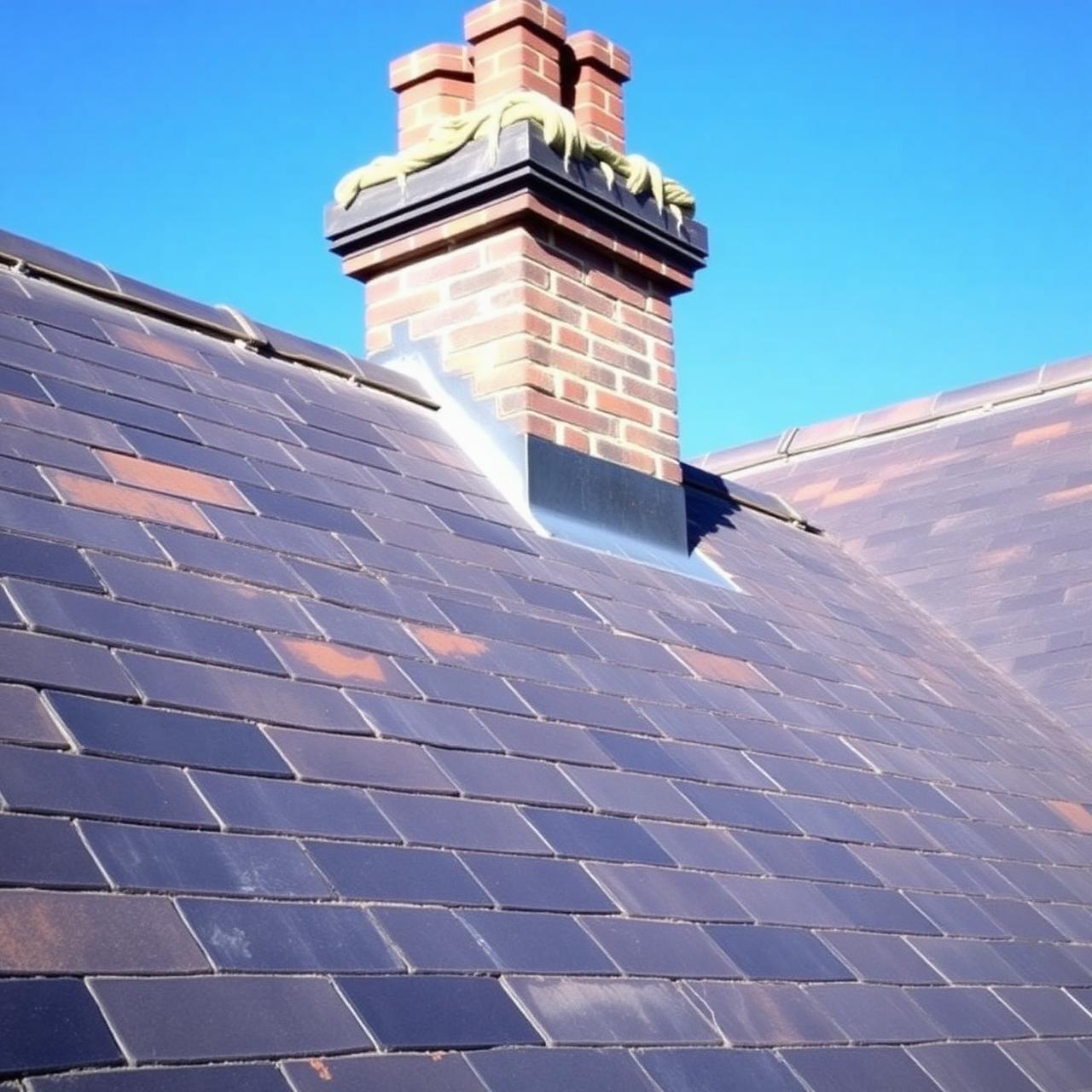 Restored British slate roof with brick chimney and lead flashing