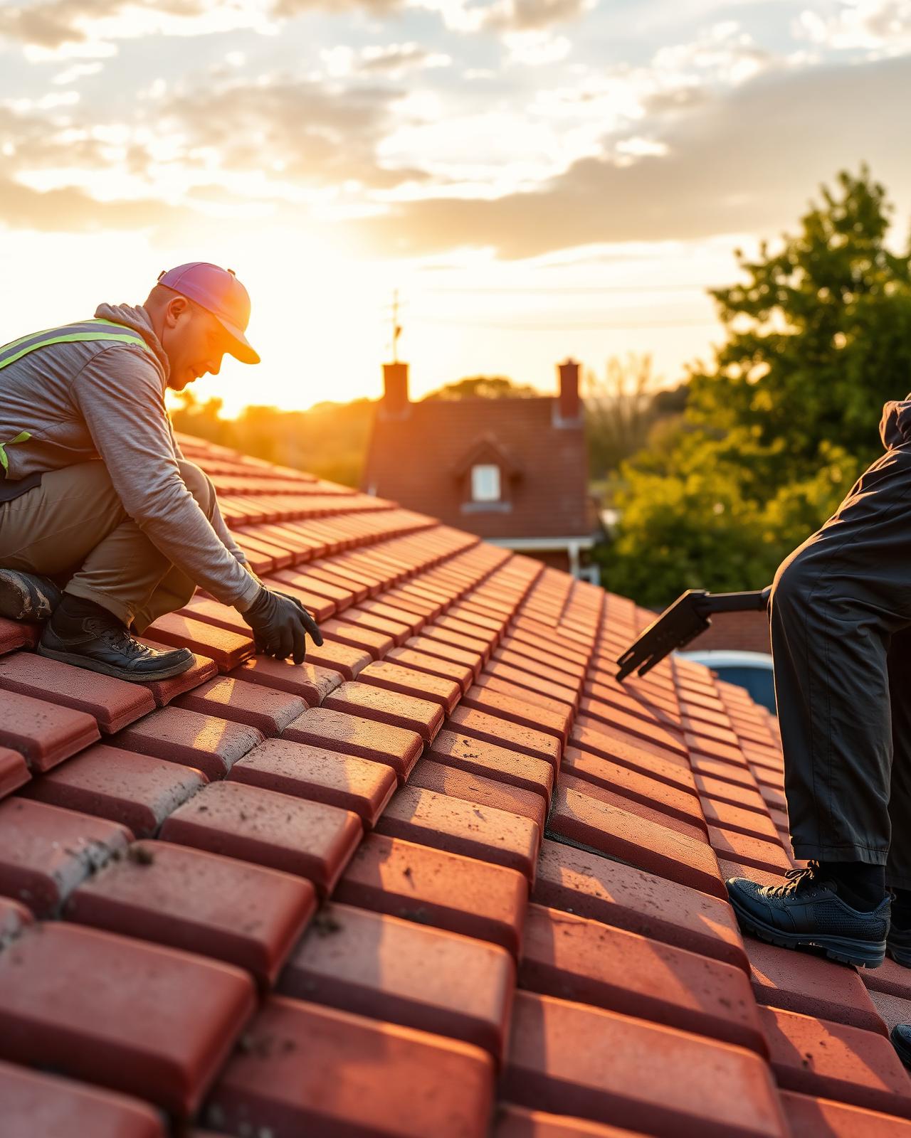 Met-All Roofing team installing clay tiles at sunset